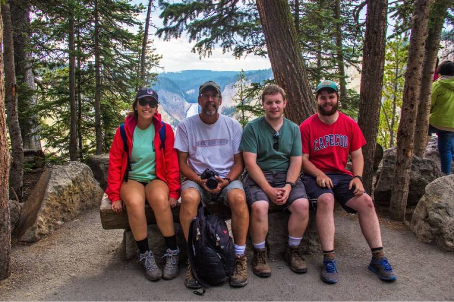 Katerina Krohn '17, Prof. Randall Wilson, Kevin Aughinbaugh '18, and Sam Donnelly '17 at Yellowstone Falls.
