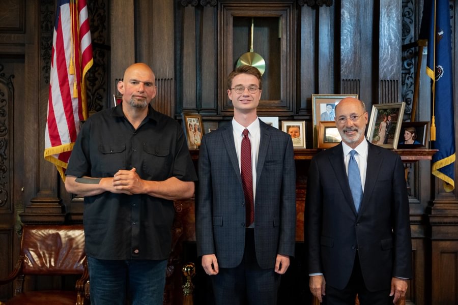  Owen Keenan &rsquo;21 stands with Senator John Fetterman, then Lt. Governor, and former Governor Tom Wolf.