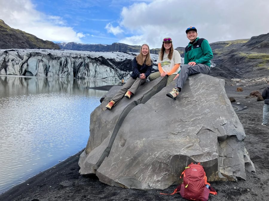  Environmental studies majors Carissa Mobley &rsquo;26, Riley Nolan &rsquo;26, and Holly Vollman &rsquo;26, joined Principato on a research trip to Iceland in May 2024.